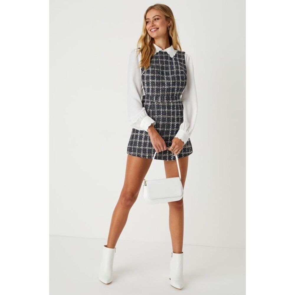 Lulus Uptown Charm Navy Blue Plaid Tweed Skort Romper - Size L